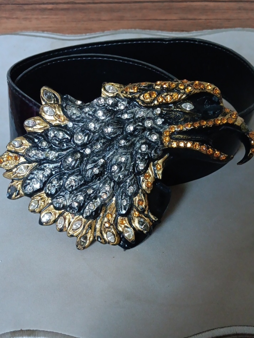 Black Belt with Gold and Silver Crystal Eagle Buckle Y2K.EUC
